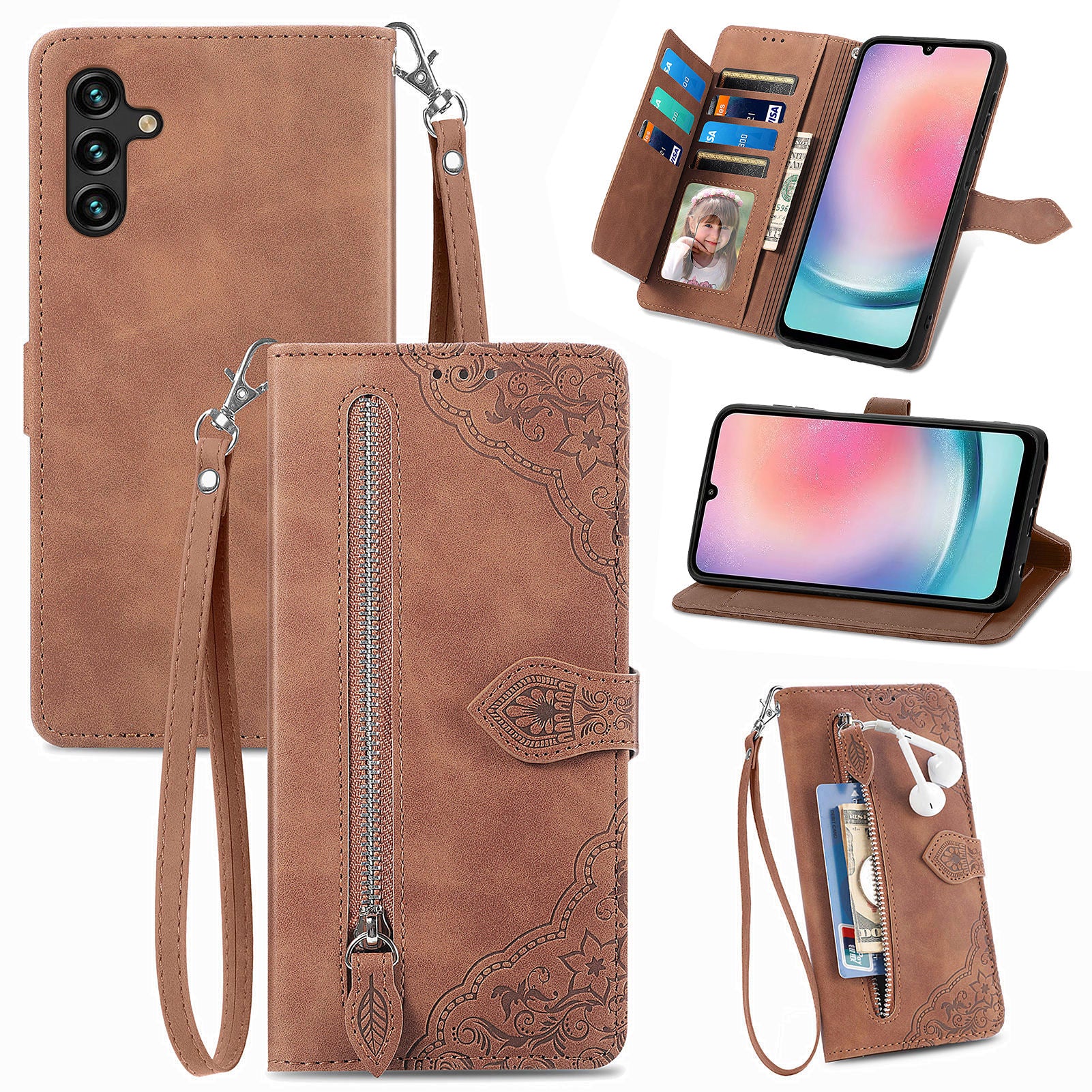 Til Samsung Galaxy A24 4G lynlåslommestativ etui PU-læderpung med blomsterpåtrykt telefoncover Til Samsung Galaxy A24 4G lynlåslommestativ etui PU-læderpung med blomsterpåtrykt telefoncover
